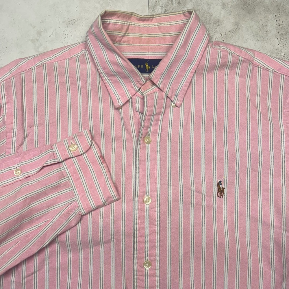Ralph Lauren Oxford Shirt Pink Stripe Mens Medium Button Down Long Sleeve Pony